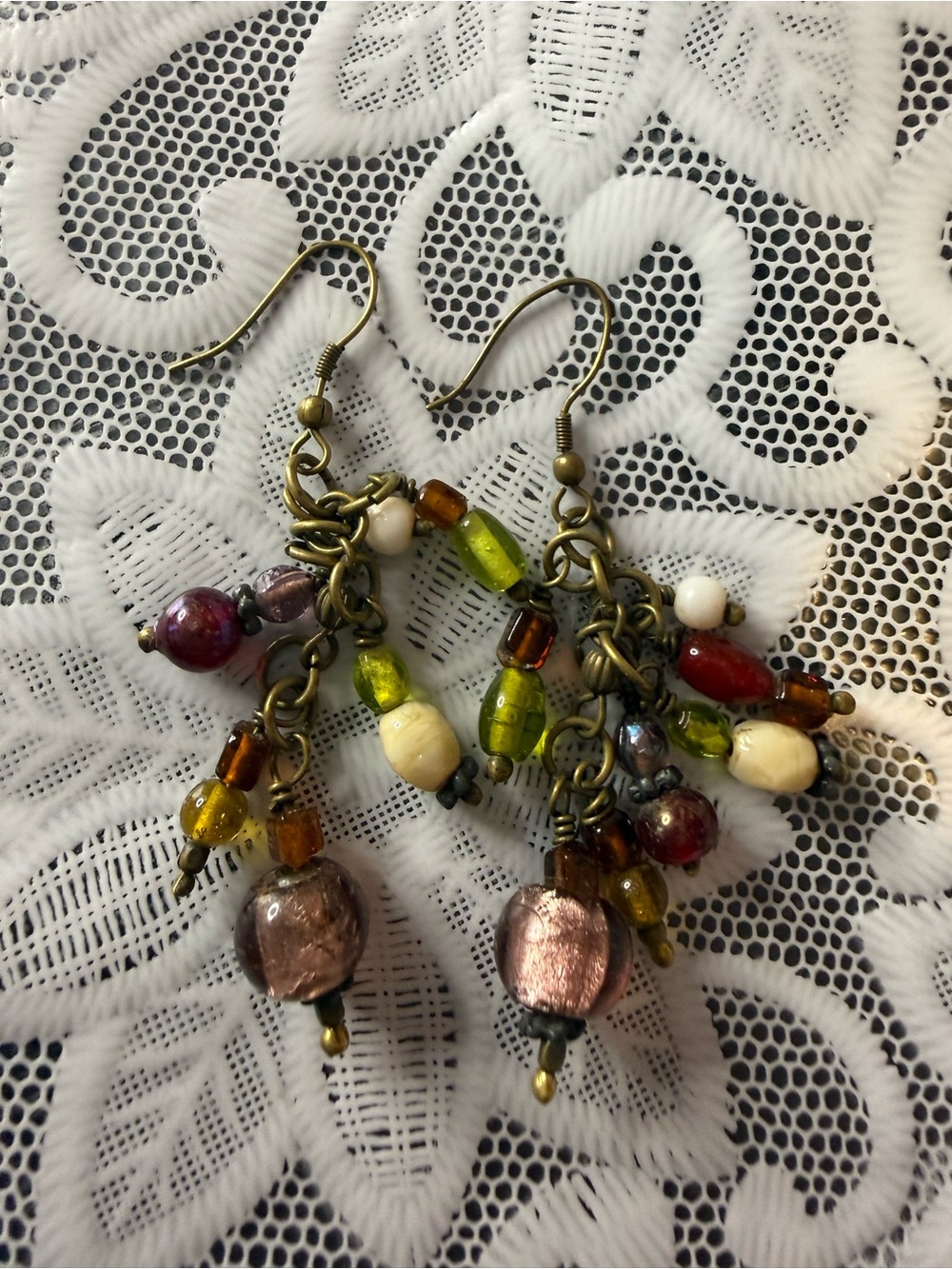Boho Multi-Bead Dangle Earrings - Green, Pink & Gold